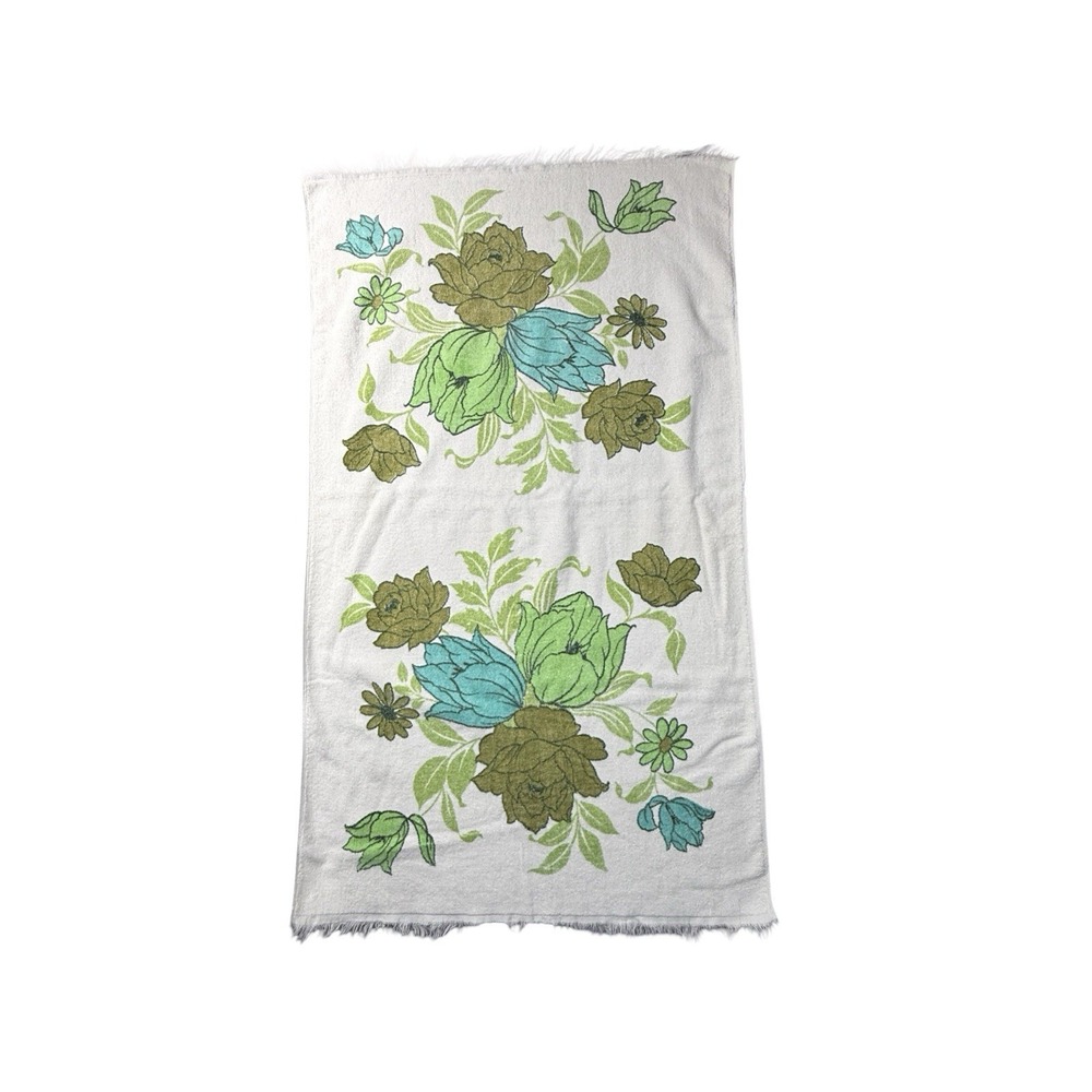 Vtg 60-70s Bath Towel Teal Chartreuse Brown Roses Floral Fringe MCM Mod Retro